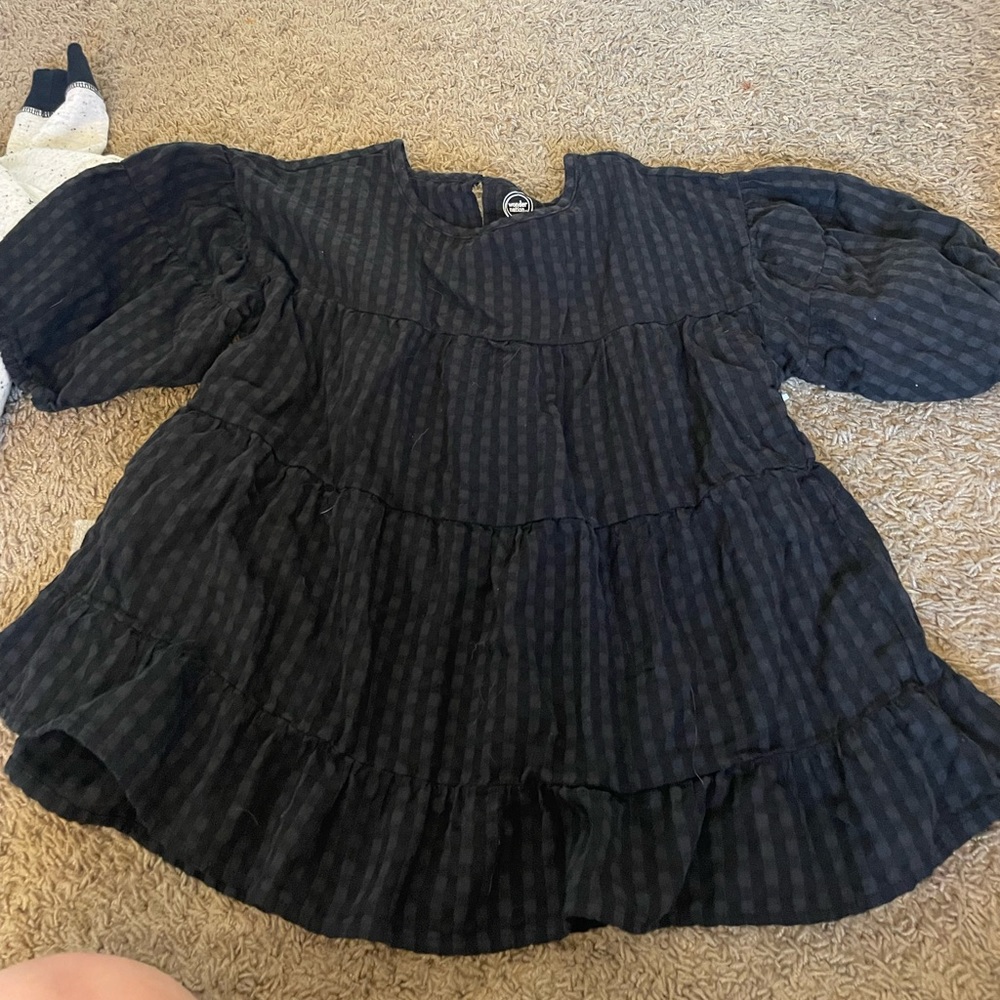 Black Puffed Shoulder Flannel Long Sleeve